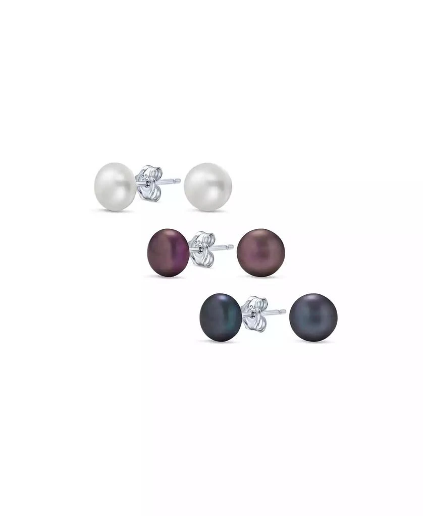 Bling Jewelry Set of 3 White Black Brown Freshwater Cultured Pearl Stud Earrings Silver 7MM