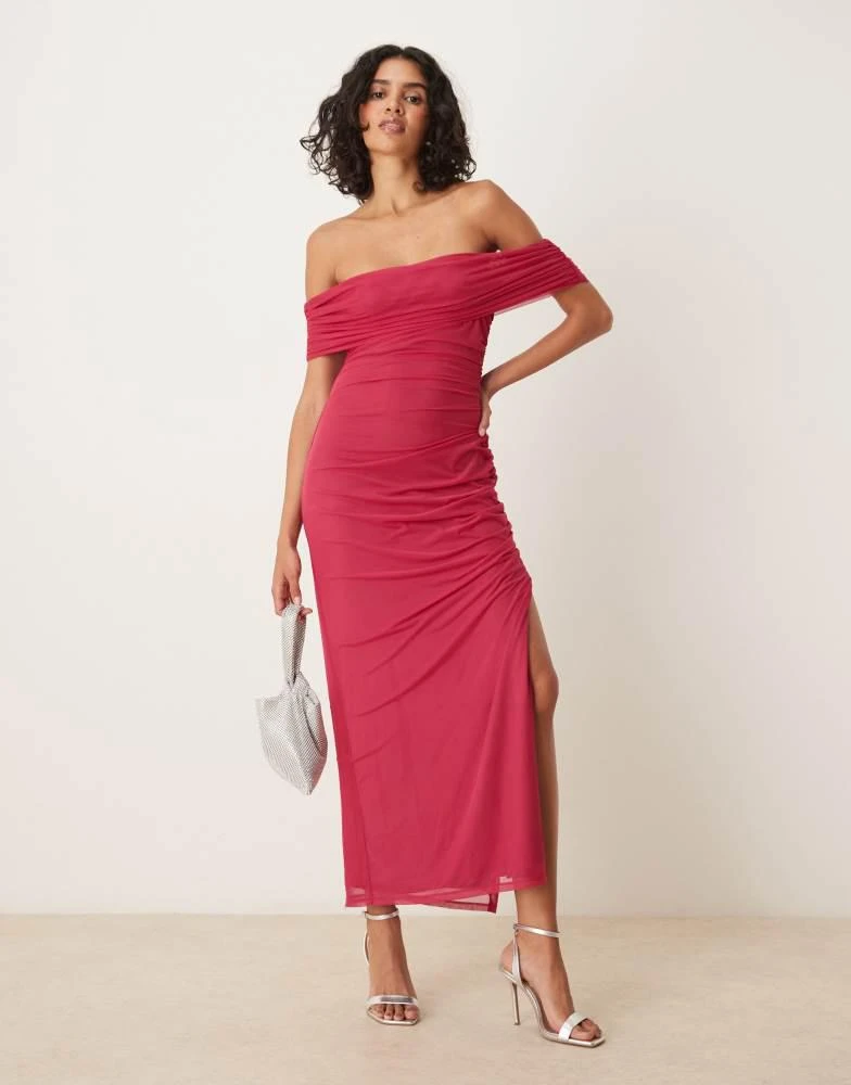 Abercrombie & Fitch Abercrombie & Fitch draped off the shoulder mesh maxi dress in fuchsia pink 3