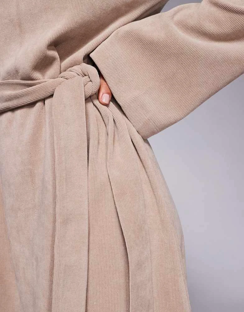 ASOS ASOS DESIGN fluted sleeve tie waist cord mini dress in neutral 3