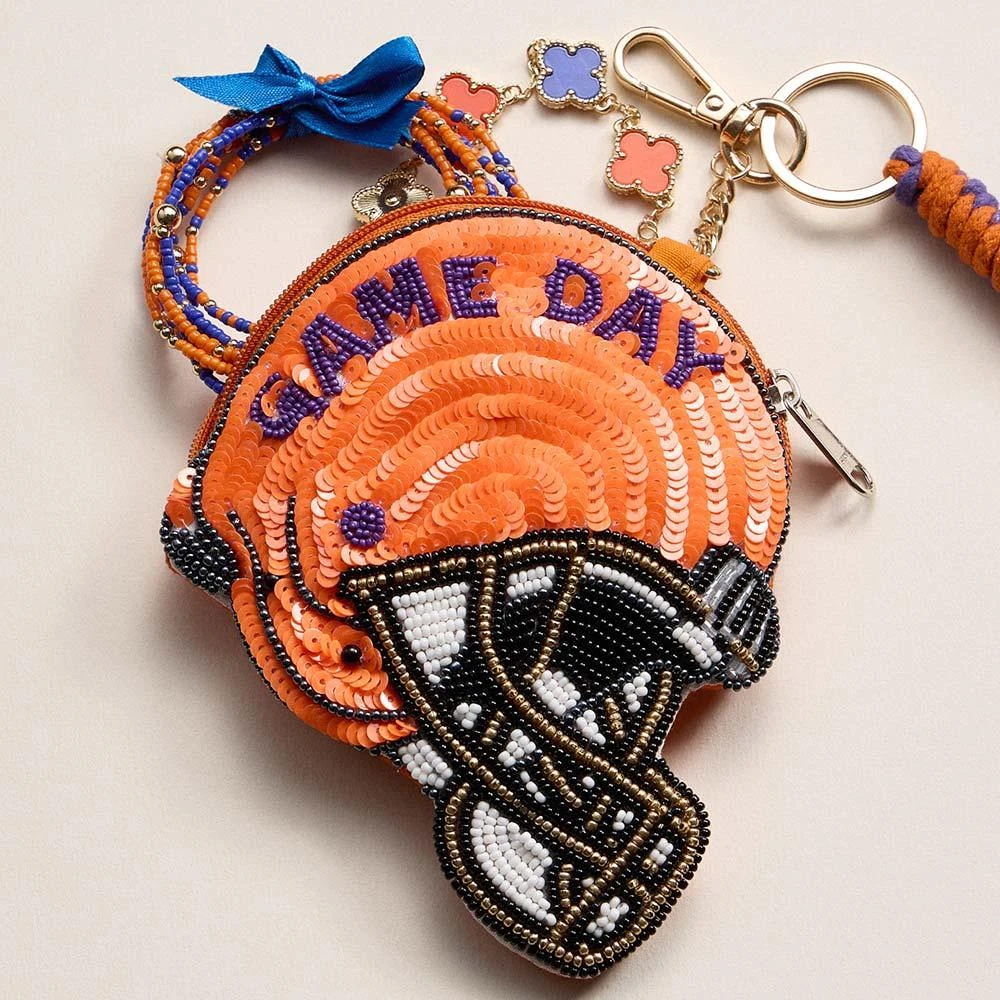 FASHNZFAB CLEMSON GAME DAY Football Helmet Sequin Seed Beaded Knot Keychain Mini Pouch Bag 3