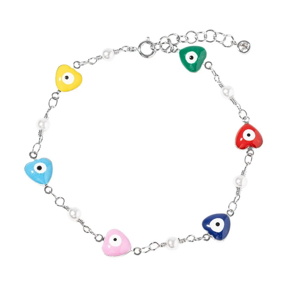 FASHNZFAB White Gold Dipped Heart Evil Eye Pearl Charm Link Bracelet 2