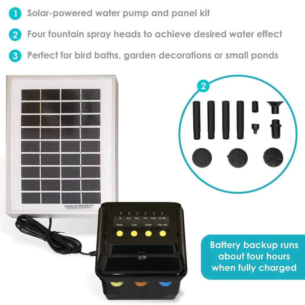 Sunnydaze Outdoor Solar Powered Water Pump and Panel Kit with Battery Pack and LED Light - 66 GPH - 36" 2