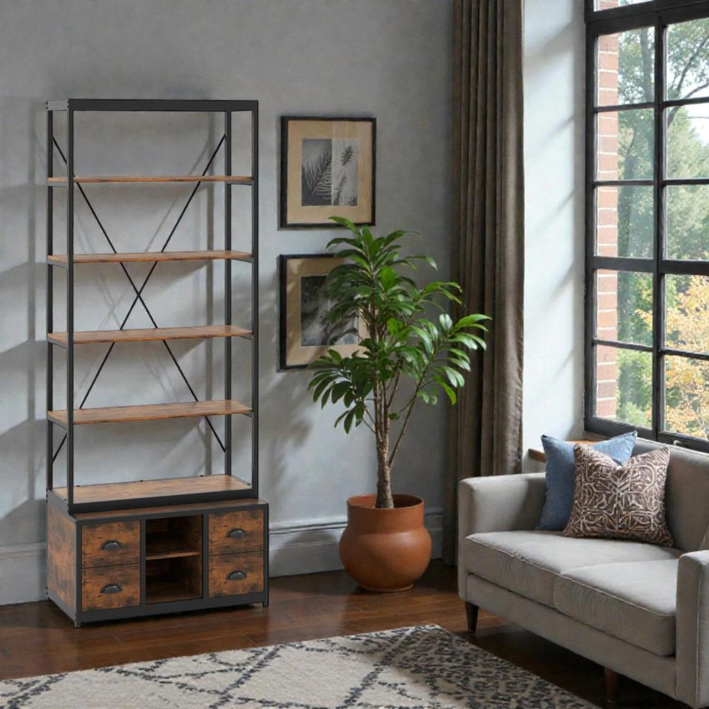 Hivvago Industrial 8-Layer Bookshelf Featuring 4 Foldable Fabric Storage Drawers