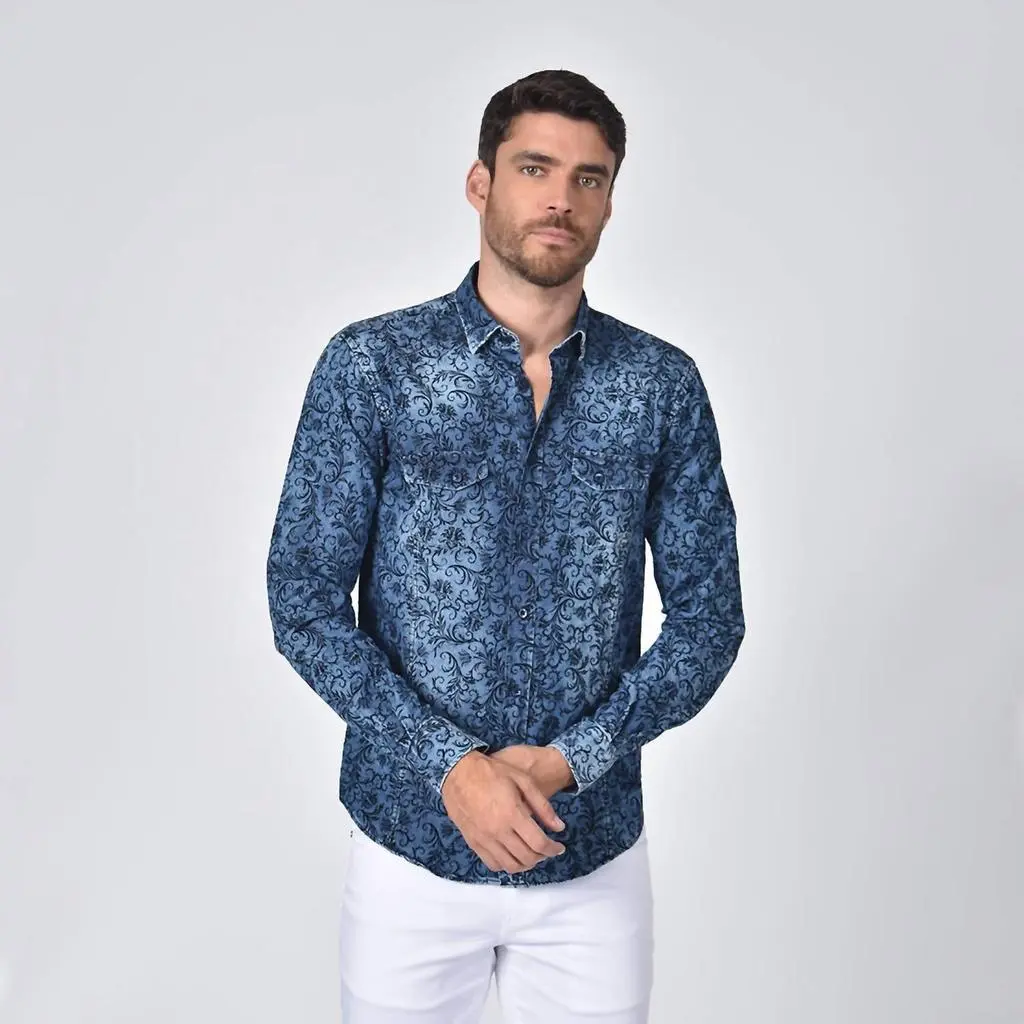 Eight X Eight X - Denim Button Down Shirt With Baroque Print Flocking