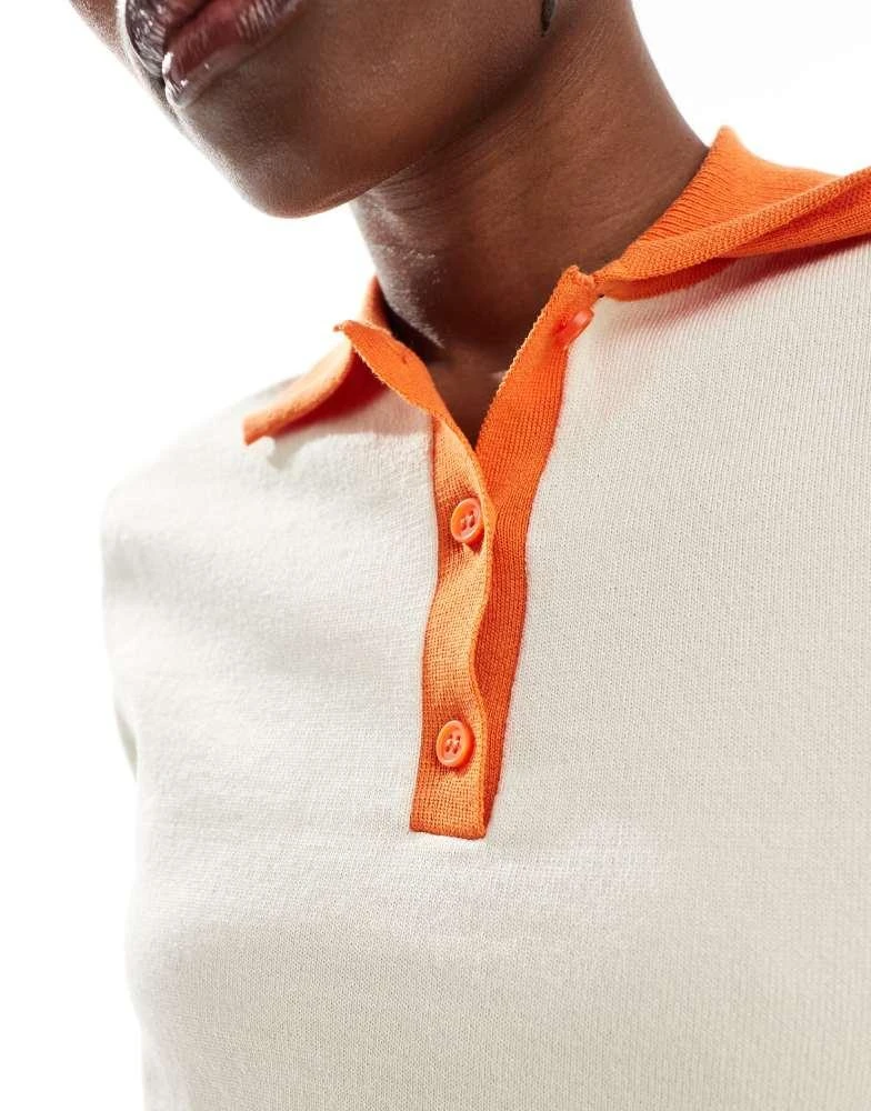 Monki Monki short sleeve knitted polo top in beige and orange 2