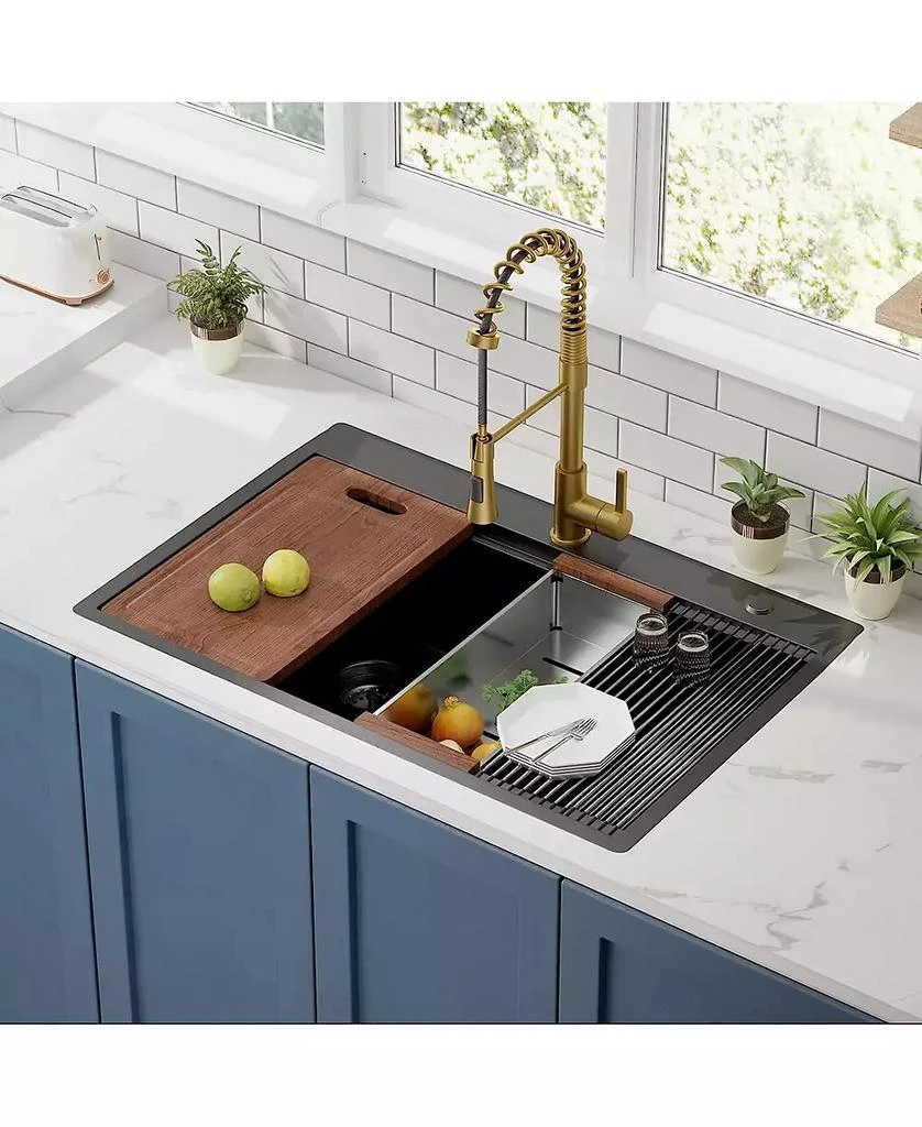 Flynama 33inch Gunmetal Black Topmount Workstation Kitchen Sink 16 Gauge Stainless Steel Double Bowl 6