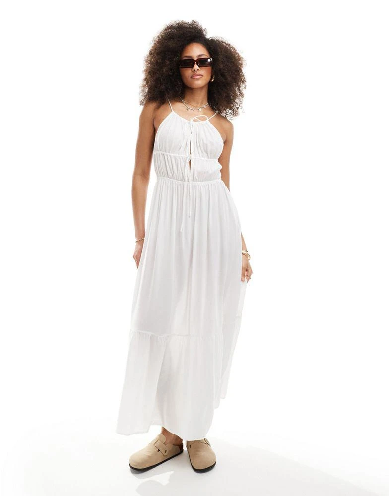 Esmee tie front cut out tiered maxi strappy beach dress in white  On Sale  Now with Up to 19% Off | Discover Exclusive Deals & Savings at BeyondStyle   Authentic Esme