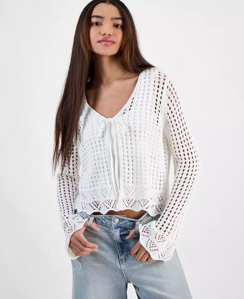 Hooked Up by IOT Juniors' Tie-Front Crochet Cardigan Sweater