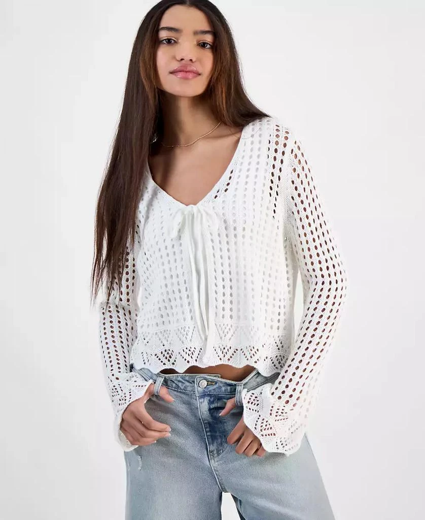 Hooked Up by IOT Juniors' Tie-Front Crochet Cardigan Sweater 1
