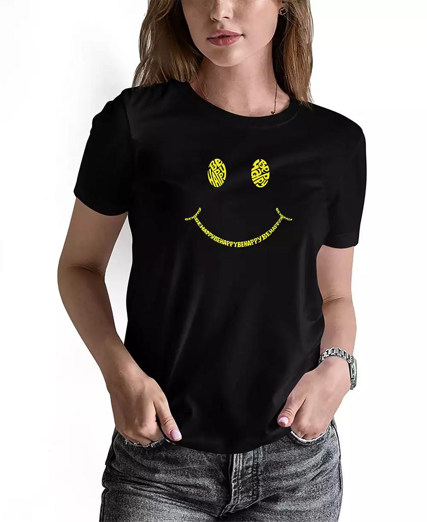 LA Pop Art Women's Be Happy Smiley Face Word Art T-shirt