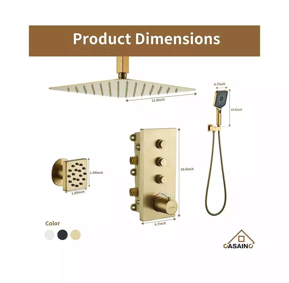 CASAINC 3 Functions 12 Inch Ceiling Mounted Thermostatic Shower System 6