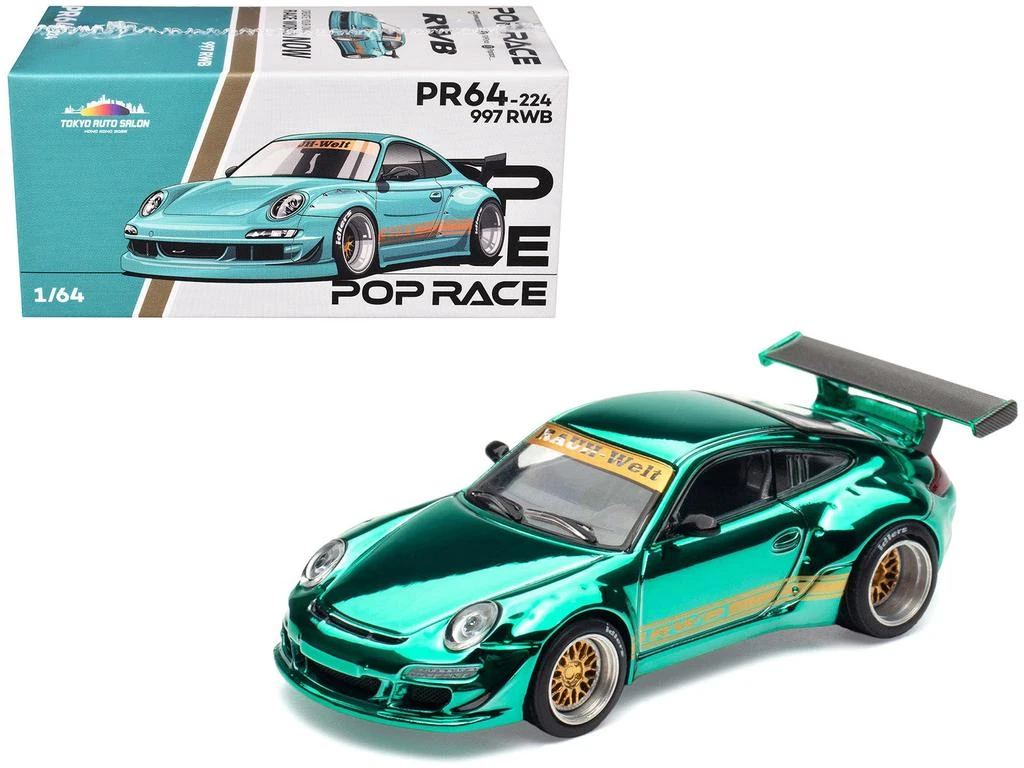 Pop Race 997 RWB Spectraflame Teal with Gold Stripes "Tokyo Auto Salon - Hong Kong 2025" 1/64 Diecast Model Car by