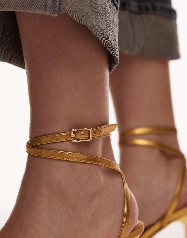 Topshop Topshop Fina barely there mid heeled sandals in gold 4