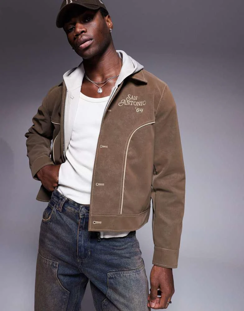 ASOS ASOS DESIGN regular harrington faux suede embroidered jacket in brown 1