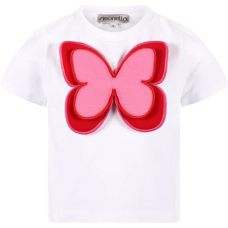 SIMONETTA Large butterfly applique t shirt and embroidered short denim salopettes in white and blue 2