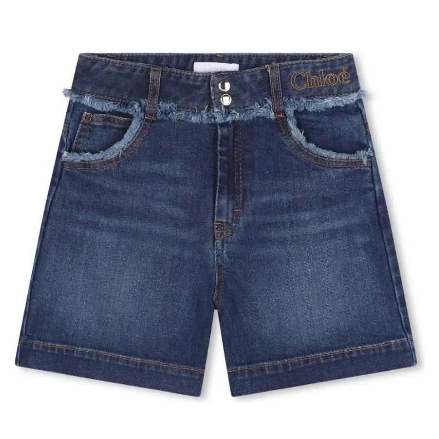 Chloé Girls Denim Blue Logo-Embroidered Shorts