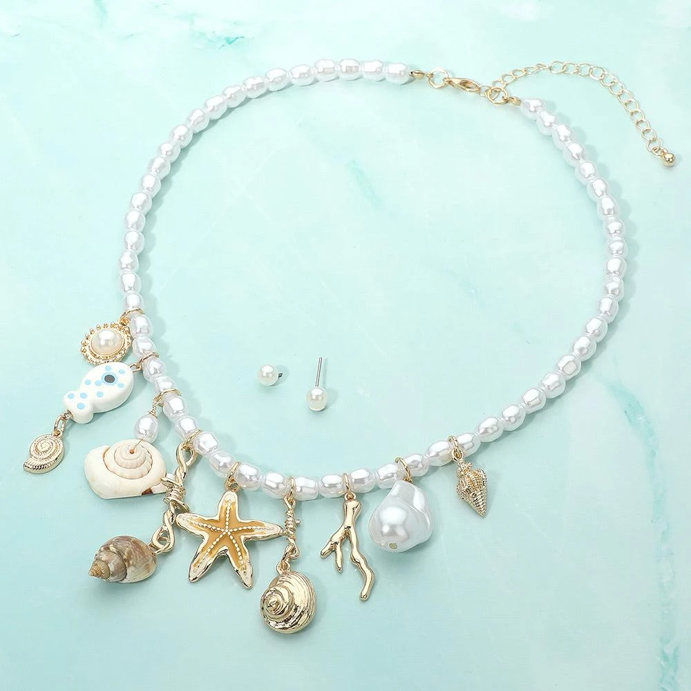 FASHNZFAB Coastal Starfish Shell Fish Charm Station Beaded Pearl Necklace 3