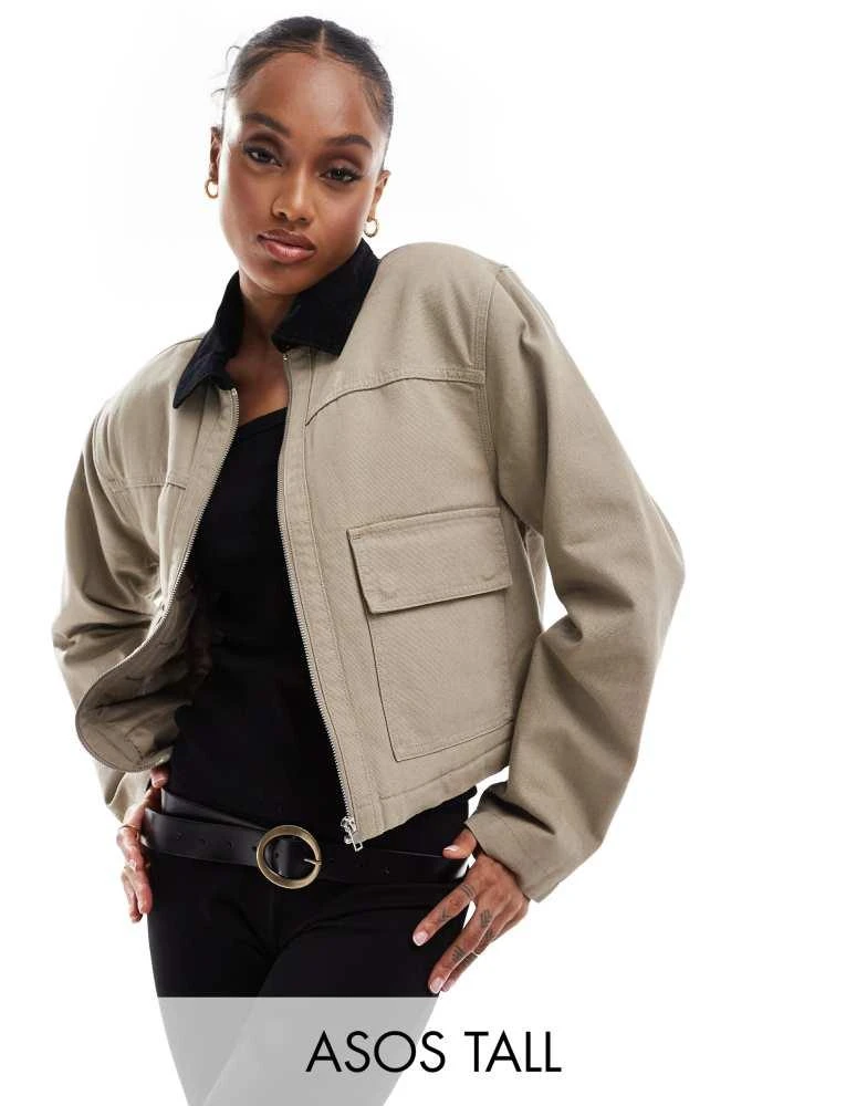 ASOS ASOS DESIGN Tall cropped pocket canvas jacket in stone 1