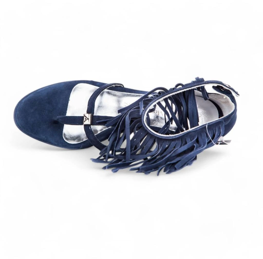 Andrea Morelli Suede Leather Fringe Wedge Sandals In Blue 3