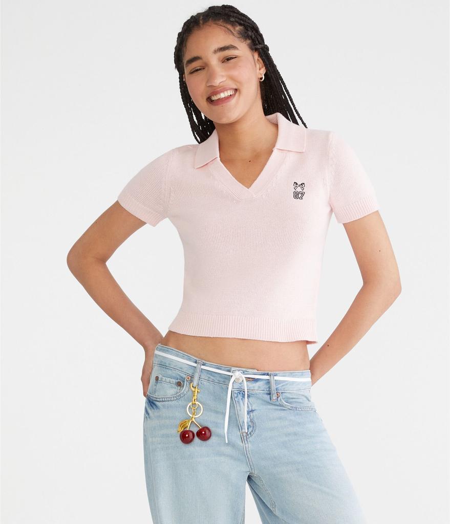 Aeropostale Bow 87 Cropped Graphic Sweater Polo