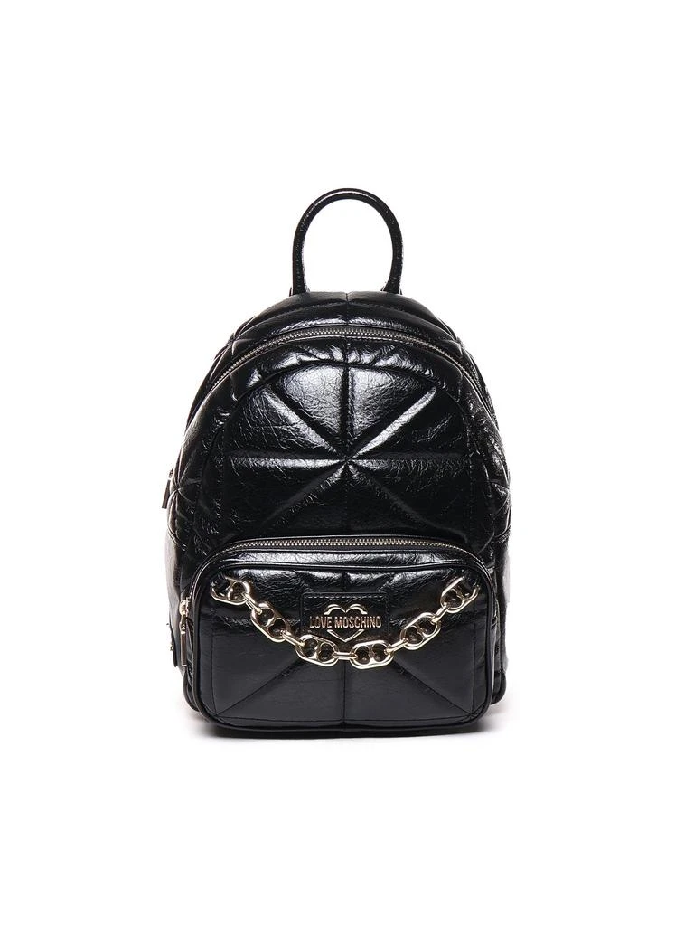 Love Moschino Quilted Black Backpack with Chain Detail Love Moscino black leather backpack with white gold... | Depop main image 4