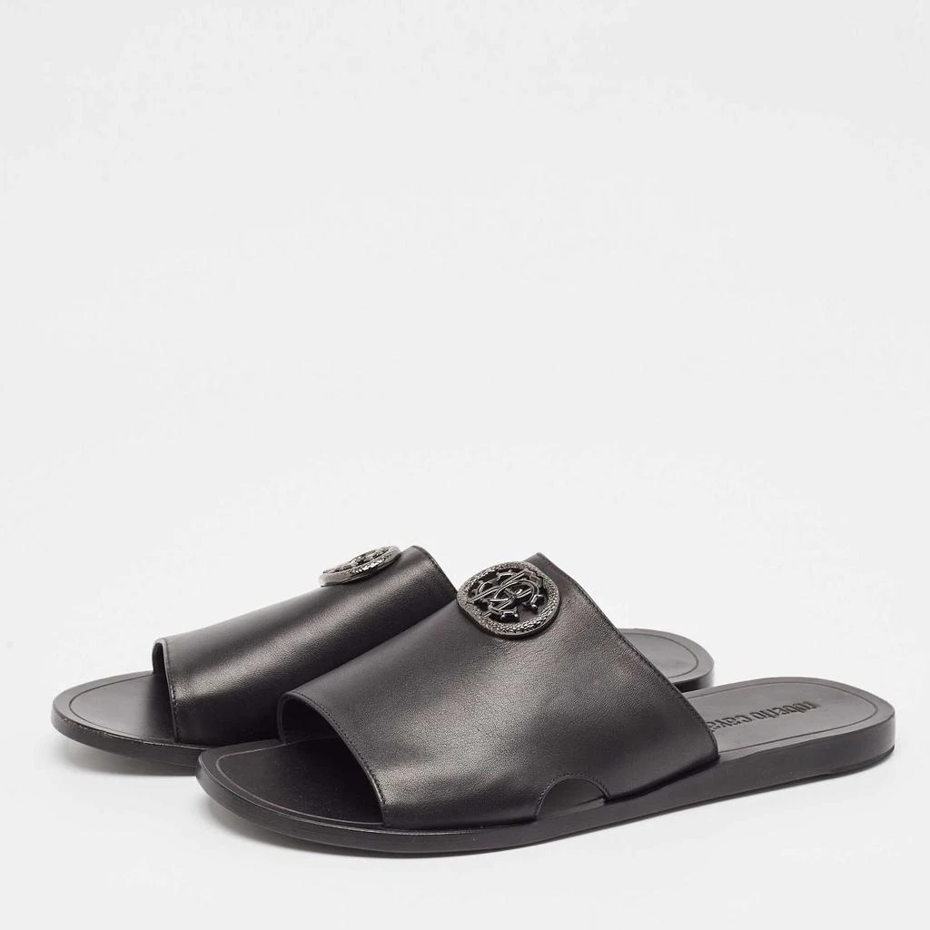 Roberto Cavalli Black Leather Logo Flat Slide Sandals Size  display picture 3