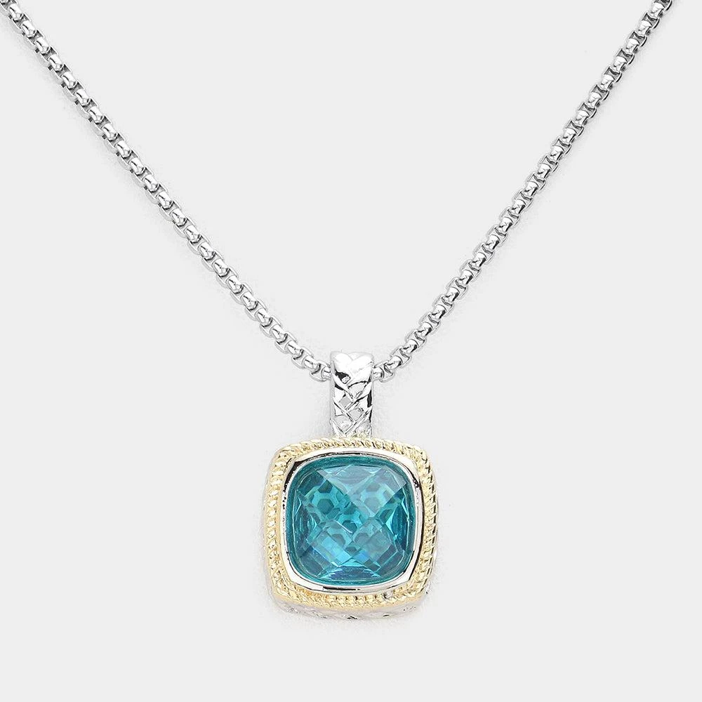 FASHNZFAB Square CZ Stone Pendant Necklace