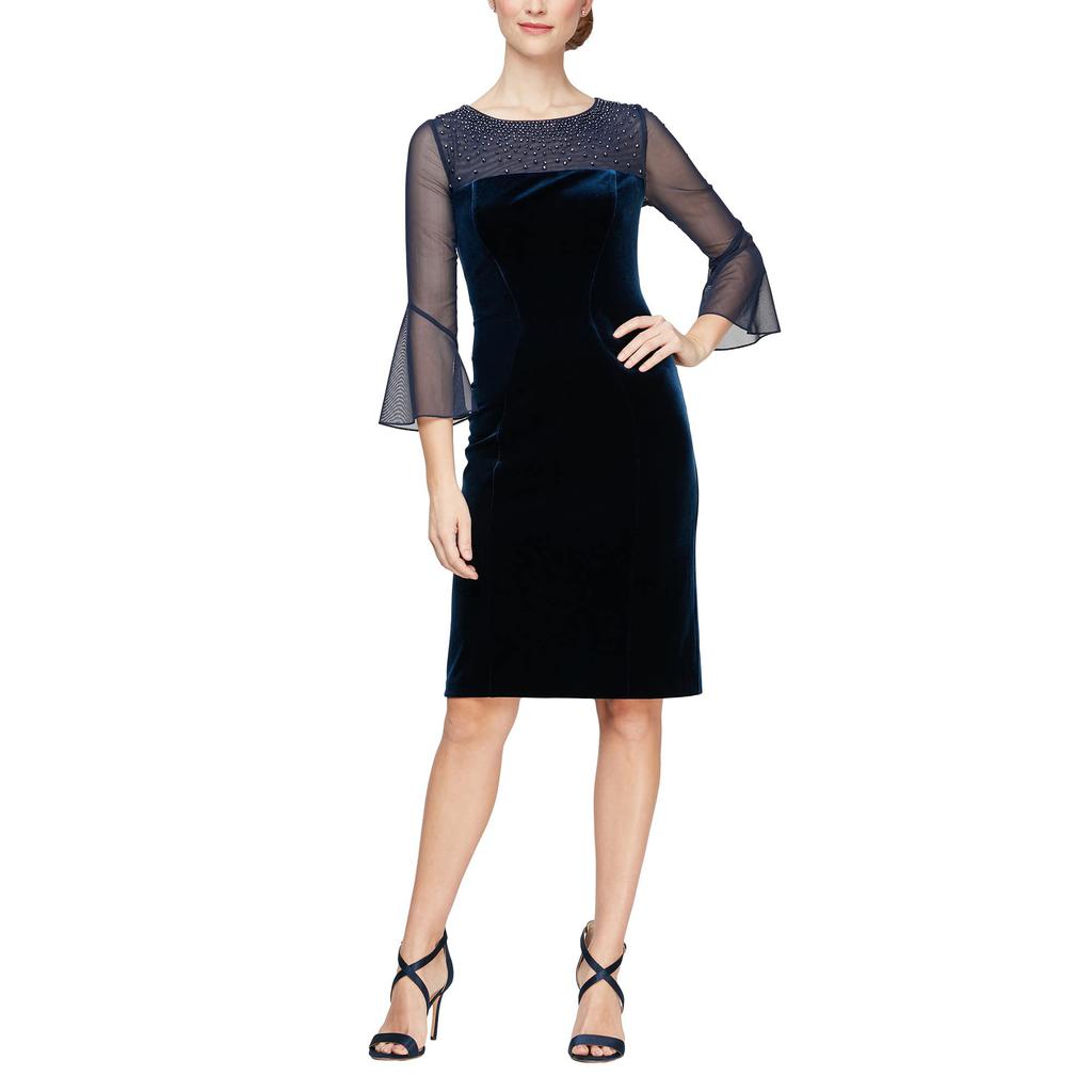 Alex Evenings Short Sheath Dress with Embellished Illusion Neckline and Bell Sleeves