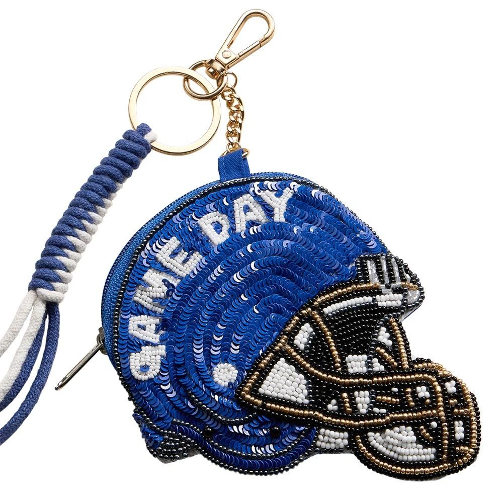 FASHNZFAB KENTUCKY GAME DAY Football Helmet Sequin Seed Beaded Knot Keychain Mini Pouch Bag 3