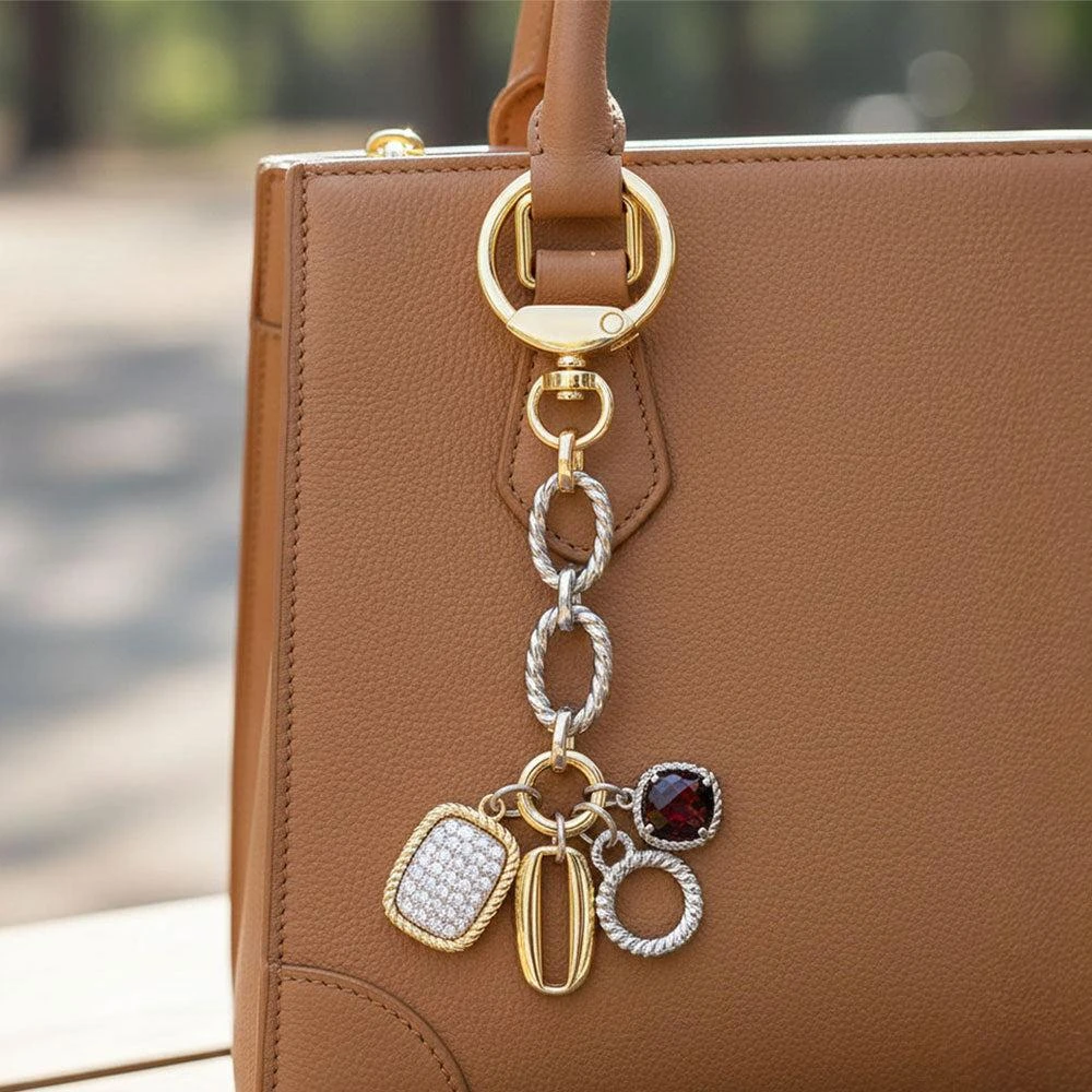 FASHNZFAB 14K Gold Plated CZ Stone Paved Multi Charm Drop Keychain Bag Charm