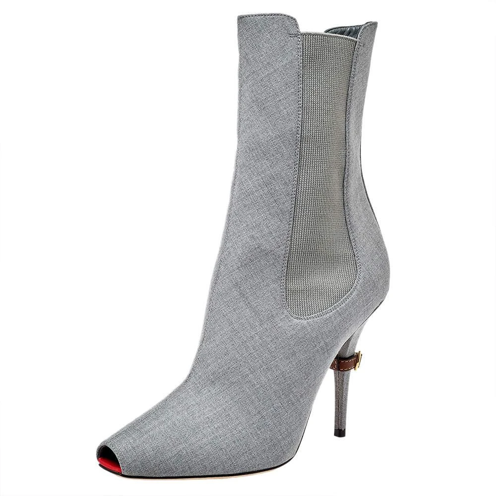 Burberry Burberry Grey Canvas And Elastic Fabric Peep Toe Kenzie Ankle Boots Size 39.5 1
