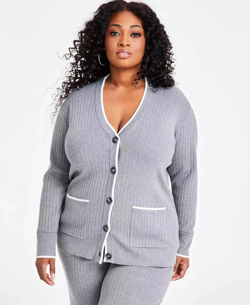 Nina Parker Trendy Plus Size Rib-Knit Henley Cardigan 1
