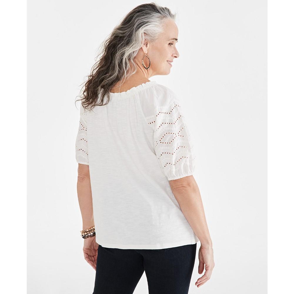 Style & Co Women's Cotton Mixed-Media Embroidered Blouse, Created for Macy's