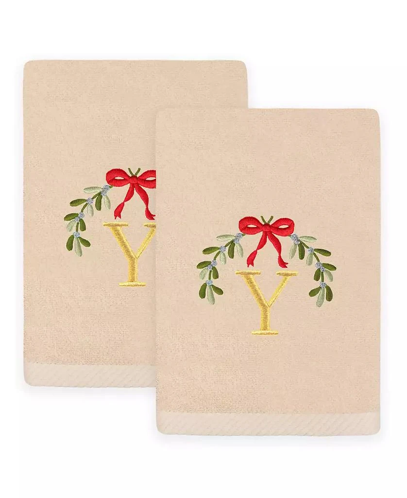 Linum Home Textiles Christmas Mistletoe Monogram White Embroidered Luxury Turkish Cotton Hand Towels, 2 Piece Set 1
