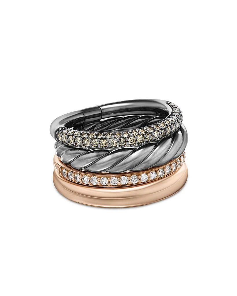 David Yurman DY Mercer Melange Multi Row Ring in Sterling Silver with 18K Rose Gold and Pavé Cognac Diamonds 1