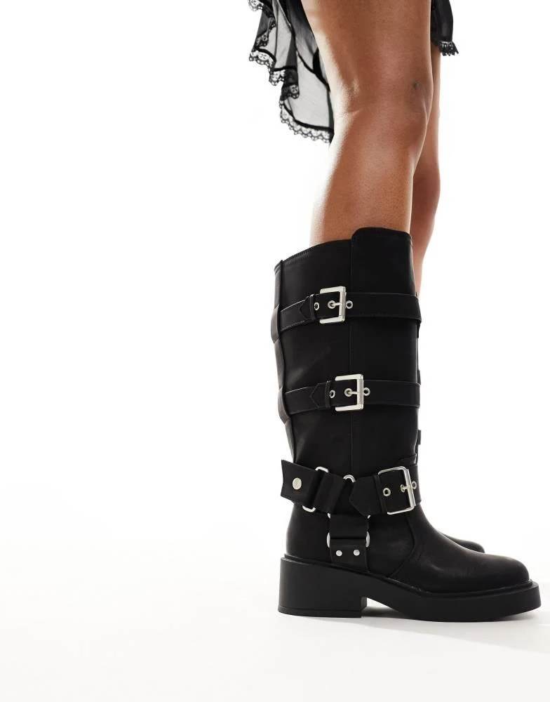 ASOS ASOS DESIGN Captain multi-buckle biker knee boots in black 2