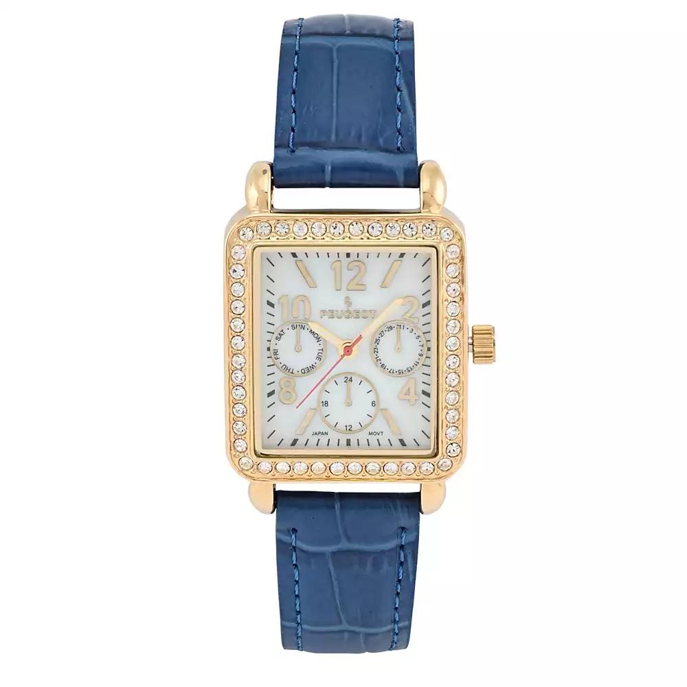 Peugeot Women's 14K Gold Plated Square Dress Watch with European Crystals and Blue Leather Band