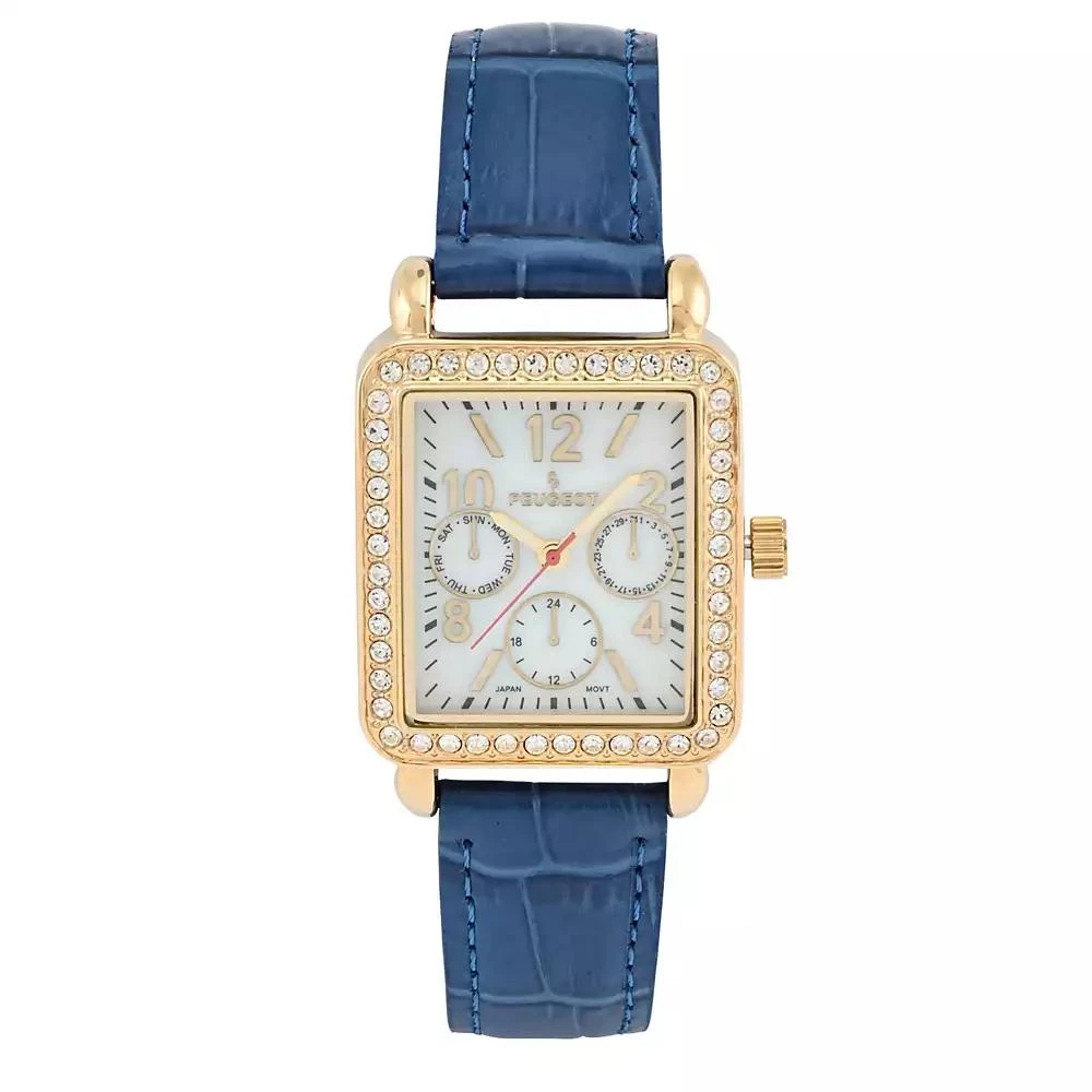 Peugeot Women's 14K Gold Plated Square Dress Watch with European Crystals and Blue Leather Band 1