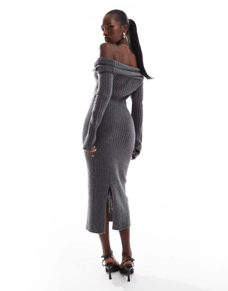 In The Style In The Style knitted bardot twist midi jumper dress in charcoal 3