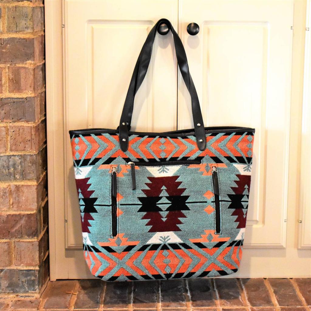 M&F Western Women
s Total Package Aztec Tote Bag In Coral/mint/maroon