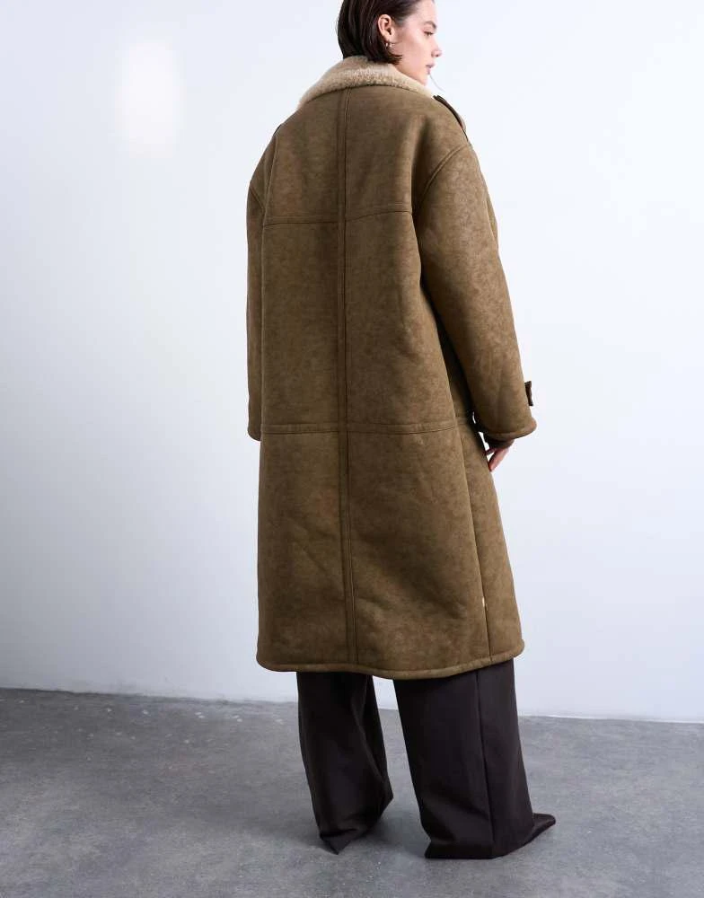 Topshop Topshop formal longline shearling coat in khaki 4