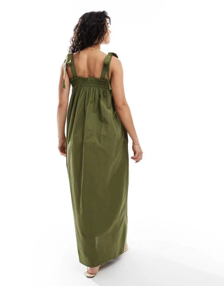 Miss Selfridge Miss Selfridge strappy poplin maxi smock dress in olive 4
