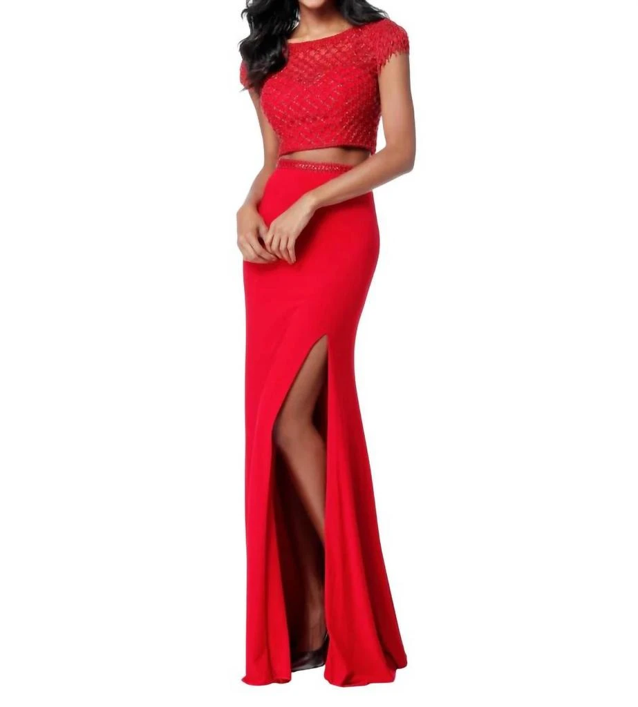 open lace back dress Off Shoulder Two Pieces Red Lace Long Prom Dresses, 2 Pieces Red Forma –  Eip Collection main image 0
