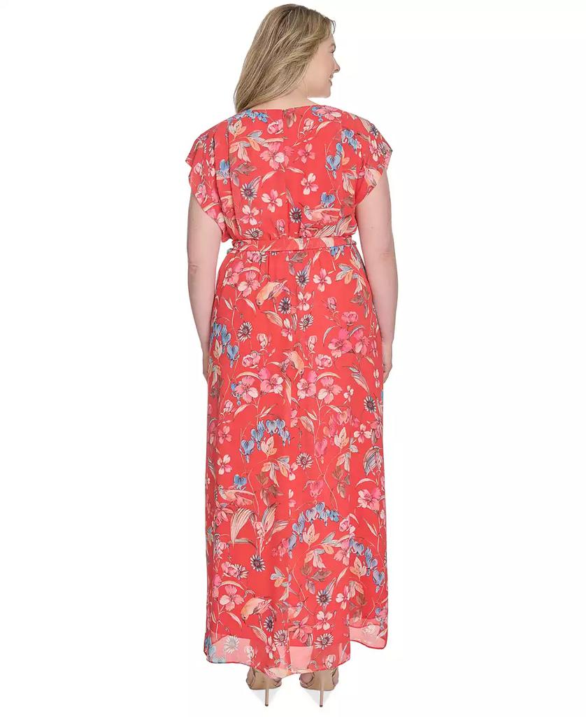 Eliza J Plus Size Printed V-Neck Faux-Wrap Chiffon Dress