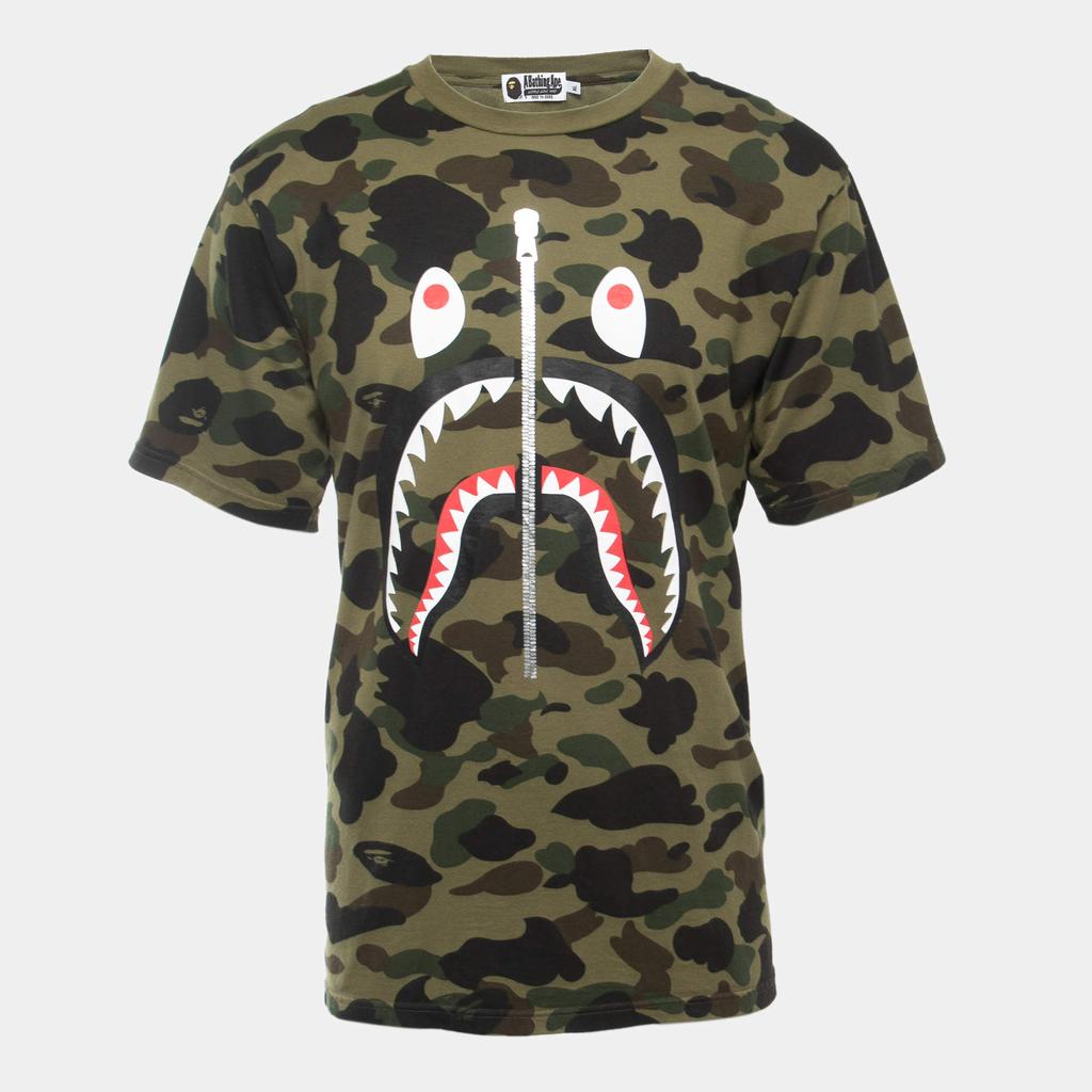 A Bathing Ape A Bathing Ape Military Green Camo Shark Print Cotton Crew Neck Half Sleeve T-Shirt XL