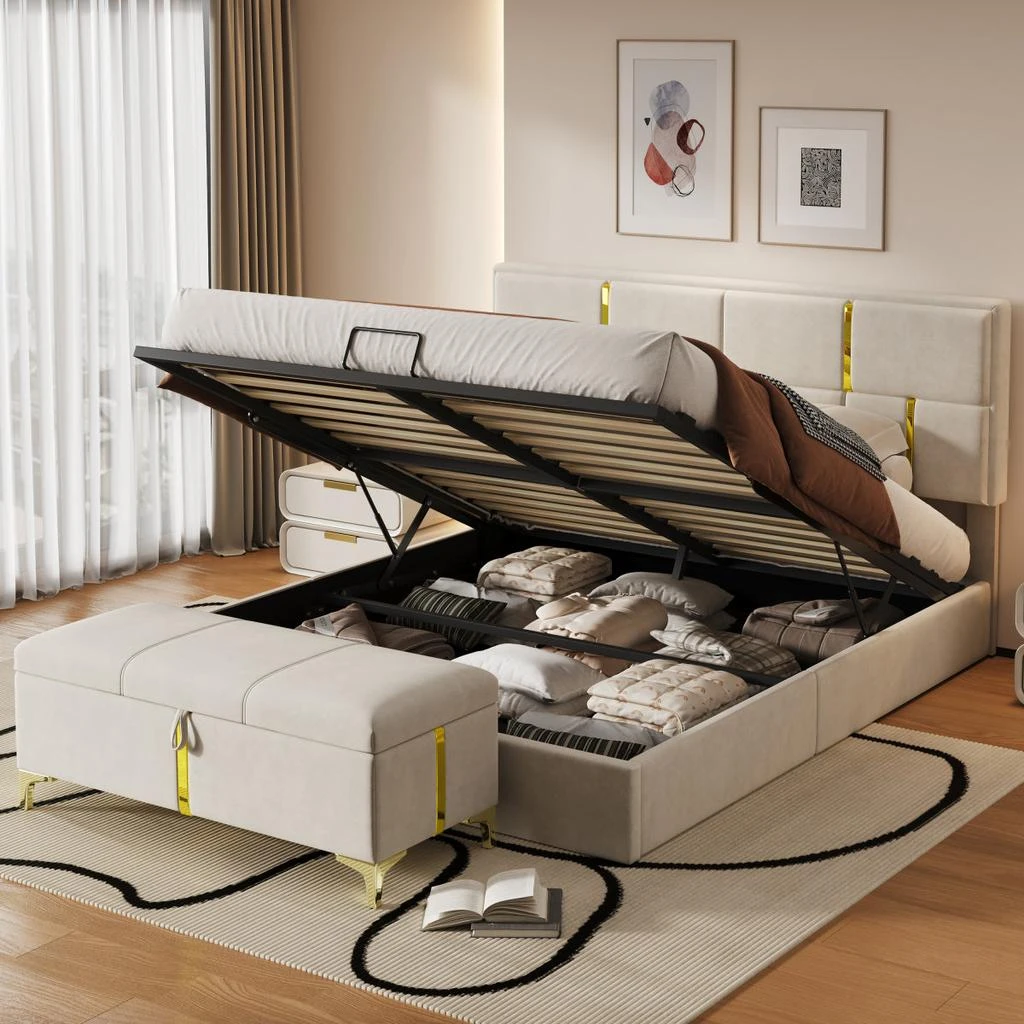 Streamdale Furniture Streamdale 2-Piece Queen Upholstered Platform Bed with Storage Ottoman, Beige
