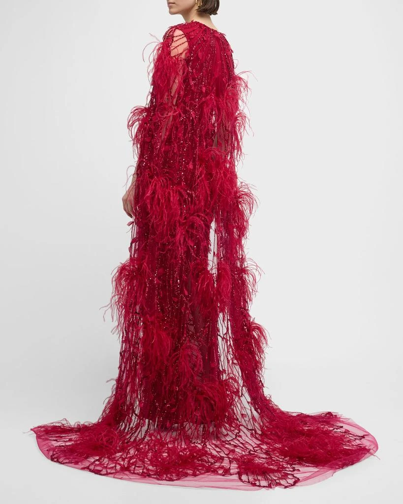 Pamella Roland Raspberry Sequined Feather-Trim Cape Column Gown 5