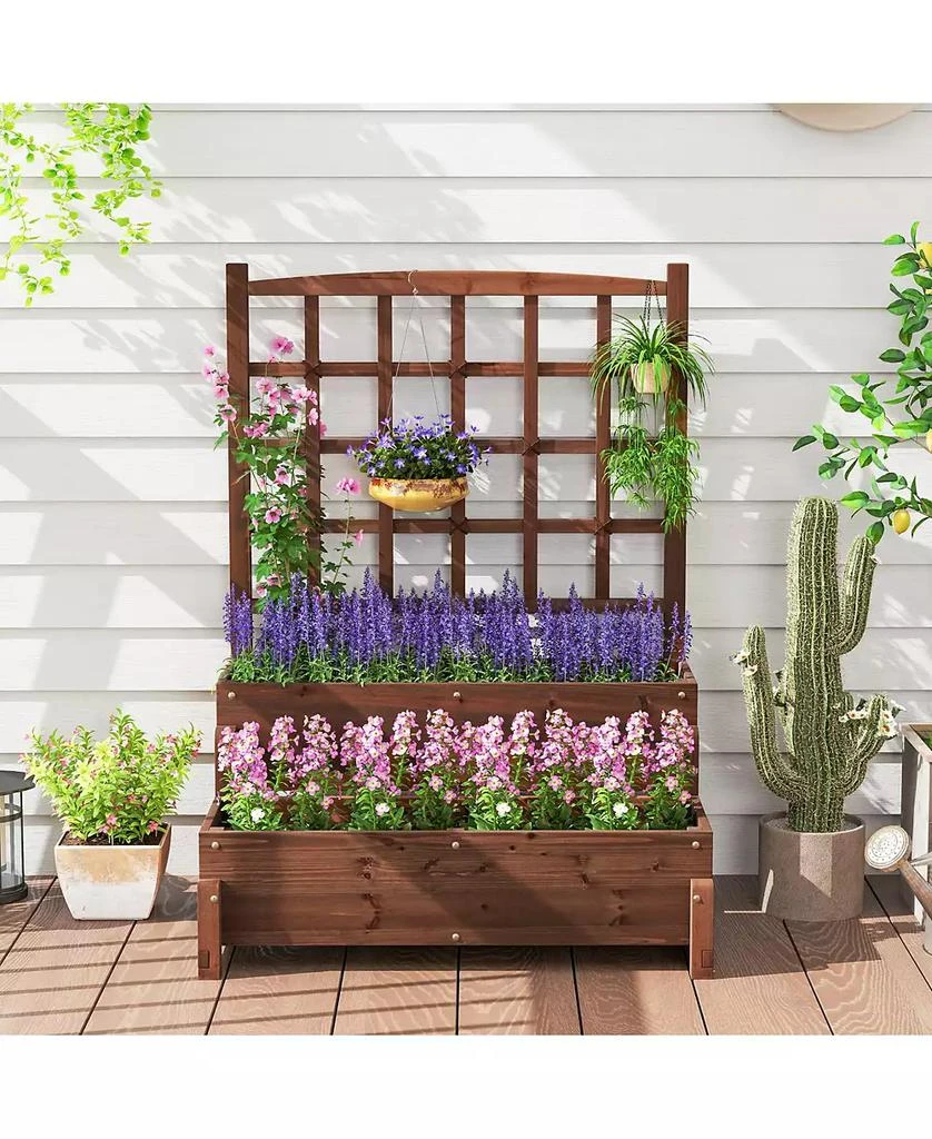 Gymax 2PCS Raised Garden Bed w/Trellis Drainage Holes Legs Twisting Rope for Backyard 5