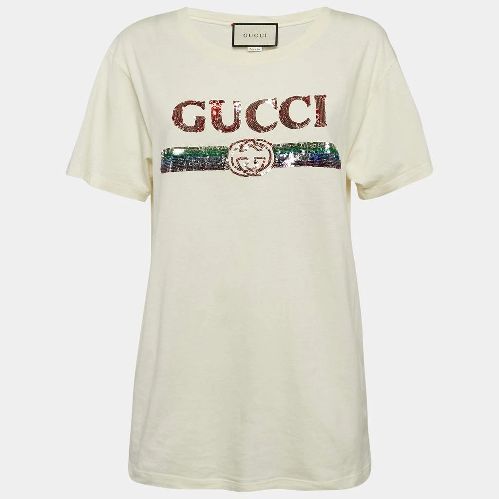 Gucci Gucci Cream Logo Sequin Embellished Round Neck Oversize T-Shirt S 1