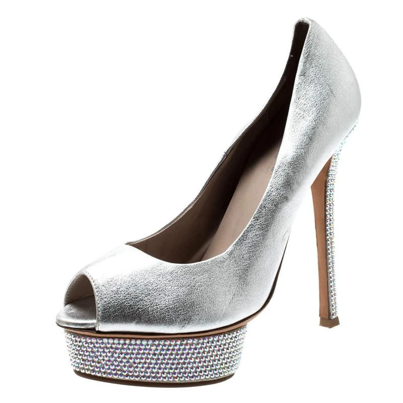 LE SILLA Le Silla Metallic Silver Leather Crystal Embellished Platform Peep Toe Pumps Size 38 1